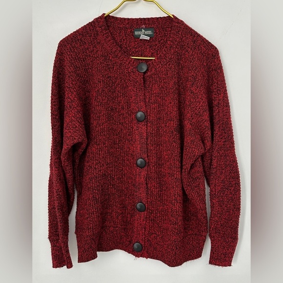 Vintage Boundary Waters Black Red Knit  Button Cardigan Sweater Women’s Medium - Picture 1 of 6
